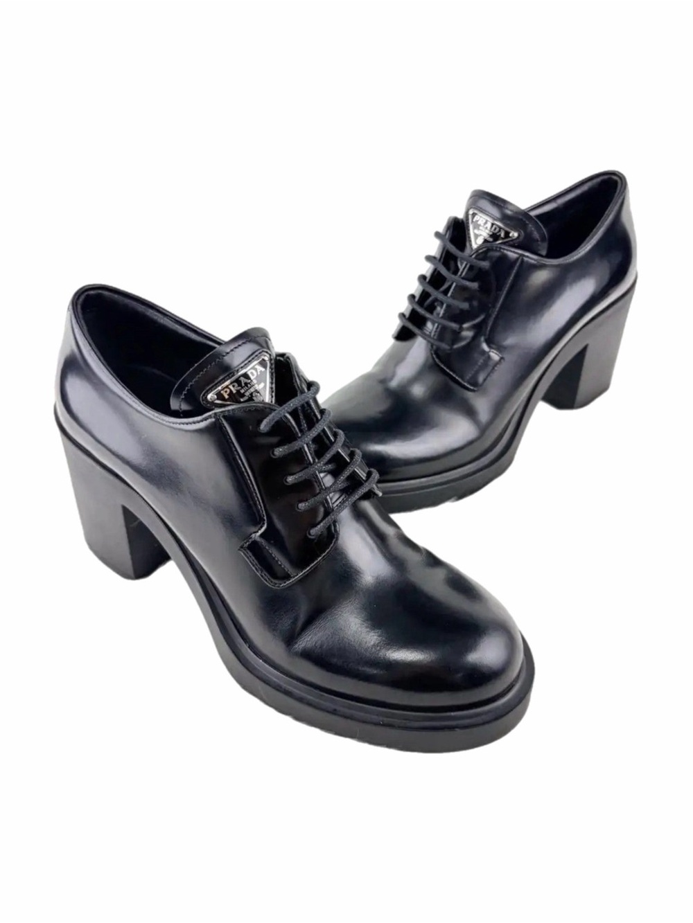 Prada Black Patent Leather Lace-Up Chunky Heel Oxfords